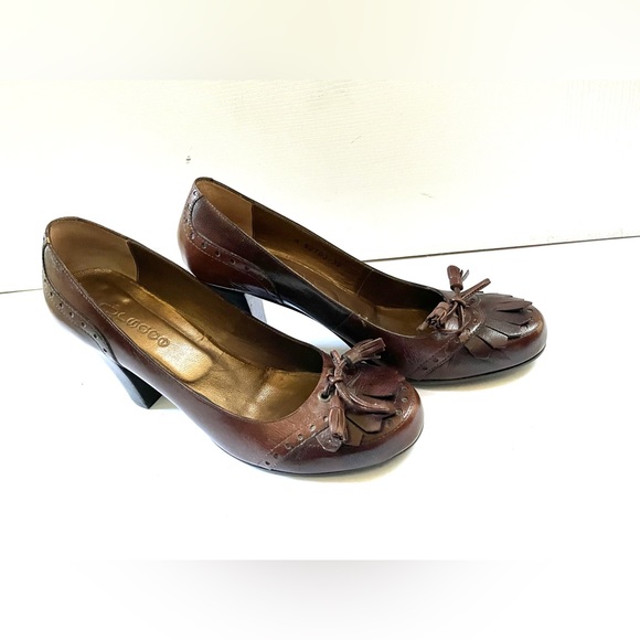 Shiny light brown real leather loafers with tassel & bow comfy block heels US9.5 - Picture 2 of 11